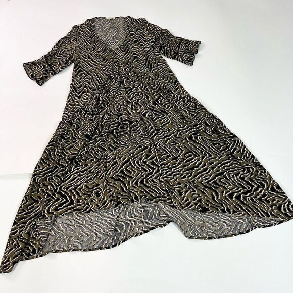 Loralette Dress 14/16 Khaki Green Animal Print V-Neck Ruffles Sleeve Maxi Formal - Picture 1 of 10